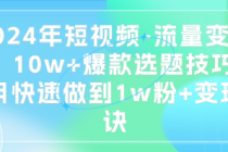 2024年短视频-流量变现课：10w+爆款选题技巧 一个月快速做...